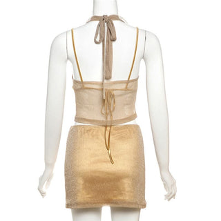 Cowl neck halter self tie 3 piece mini skirt set