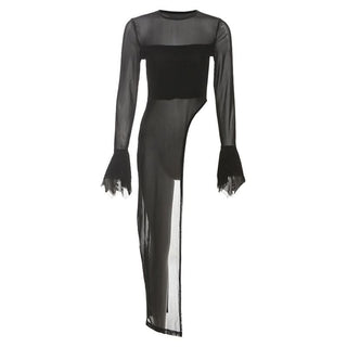 Long flared sleeve irregular crewneck mesh top