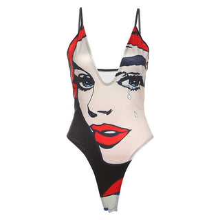 V neck portrait print button cami bodysuit