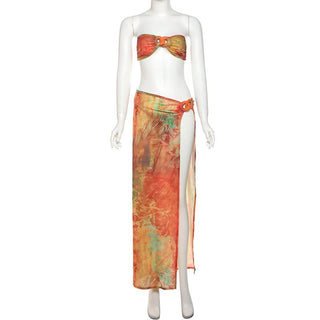 High slit print irregular 3 piece tube maxi skirt set