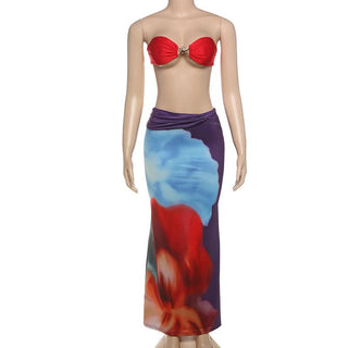 Print ruched backless tube maxi skirt set