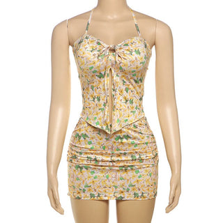 Ruched halter self tie flower print mini skirt set