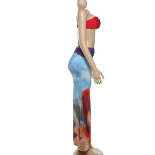 Print ruched backless tube maxi skirt set