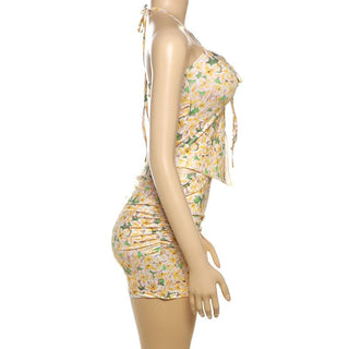 Ruched halter self tie flower print mini skirt set