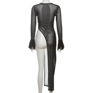 Long flared sleeve irregular crewneck mesh top