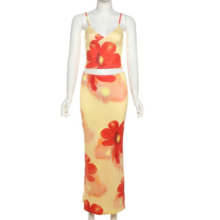V neck flower print cami maxi skirt set