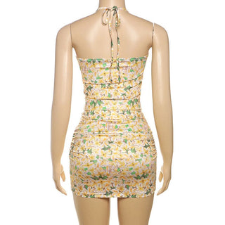 Ruched halter self tie flower print mini skirt set