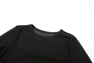 Long flared sleeve irregular crewneck mesh top