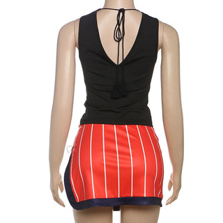 Ruched v neck slit striped irregular mini skirt set