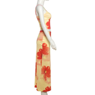 V neck flower print cami maxi skirt set
