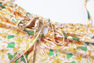 Ruched halter self tie flower print mini skirt set