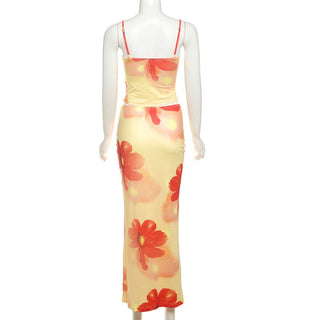V neck flower print cami maxi skirt set