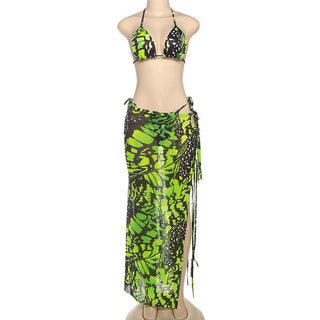 Halter self tie hollow out print maxi skirt set