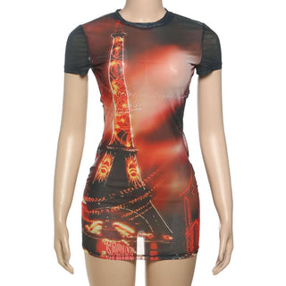 Crewneck short sleeve print mesh mini dress