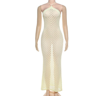 Self tie halter knitted hollow out cut out maxi dress