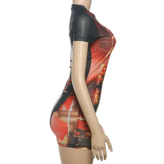 Crewneck short sleeve print mesh mini dress