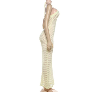 Self tie halter knitted hollow out cut out maxi dress