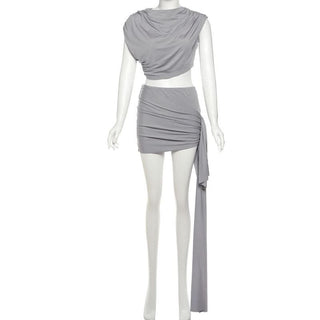 Ruched irregular solid crop mini skirt set