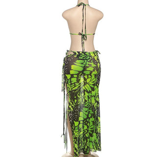 Halter self tie hollow out print maxi skirt set
