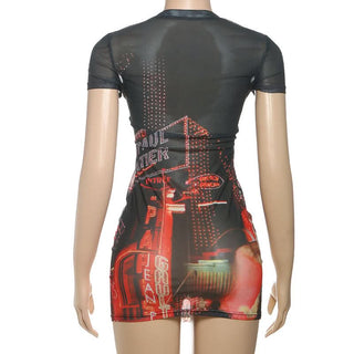 Crewneck short sleeve print mesh mini dress