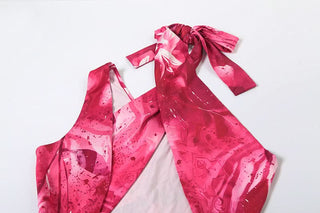 Hollow out irregular slit print halter cut out maxi dress