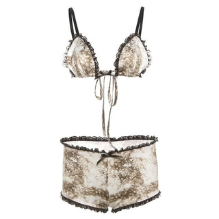 Lace hem bowknot self tie print pant set