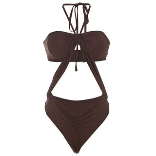 Hollow out halter self tie ruched bodysuit