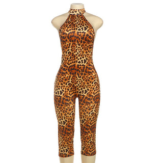 Leopard print halter self tie ruched romper