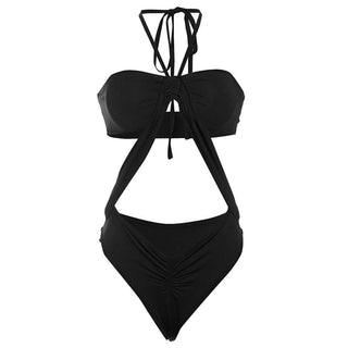 Hollow out halter self tie ruched bodysuit