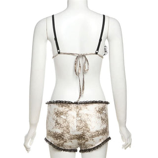 Lace hem bowknot self tie print pant set