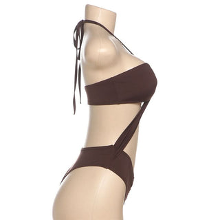 Hollow out halter self tie ruched bodysuit