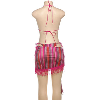 Striped self tie halter tassels 3 piece mini skirt set
