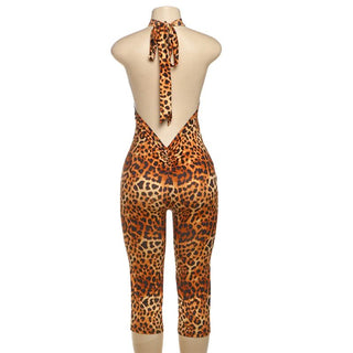 Leopard print halter self tie ruched romper