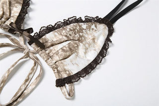 Lace hem bowknot self tie print pant set