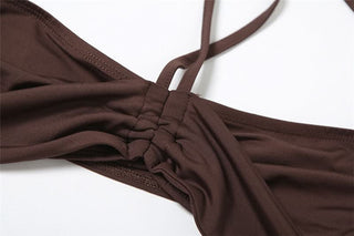 Hollow out halter self tie ruched bodysuit