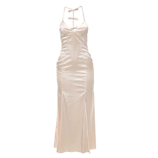 Satin v neck zip-up backless cami maxi dress