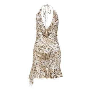 Leopard print v neck halter self tie mini dress