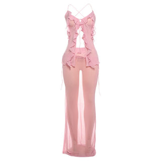 Ruffle cross back self tie sheer mesh maxi skirt set