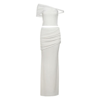 One shoulder ruched ribbed irregular maxi skirt set