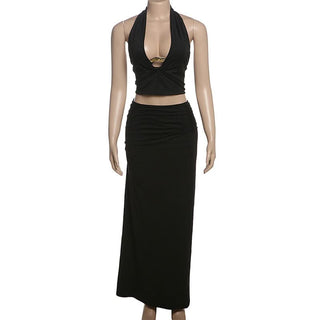 Halter v neck o ring ruched maxi skirt set