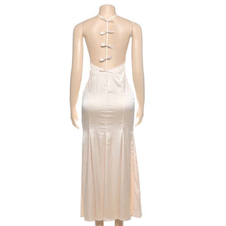 Satin v neck zip-up backless cami maxi dress