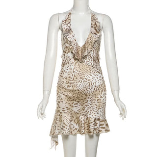 Leopard print v neck halter self tie mini dress