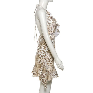 Leopard print v neck halter self tie mini dress