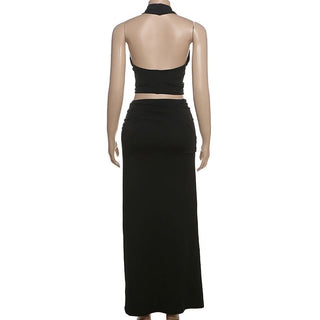 Halter v neck o ring ruched maxi skirt set
