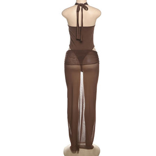 Hollow out button halter ruched maxi skirt set