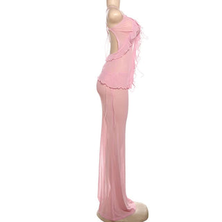 Ruffle cross back self tie sheer mesh maxi skirt set