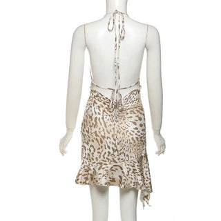 Leopard print v neck halter self tie mini dress