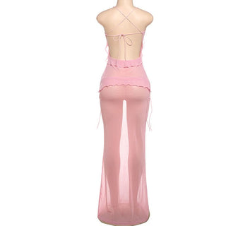 Ruffle cross back self tie sheer mesh maxi skirt set