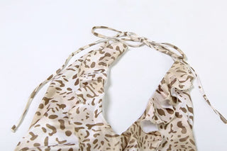 Leopard print v neck halter self tie mini dress