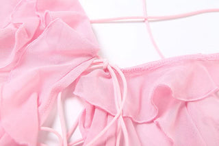 Ruffle cross back self tie sheer mesh maxi skirt set